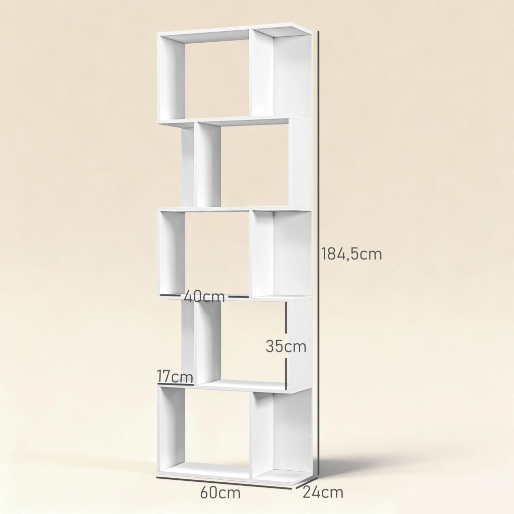 Libreria a S 5 Livelli 10 Ripiani ¨C Minimal ¨C 60x24x184,5 cm Bianco