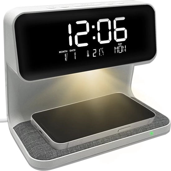 Alarme Digitale con Luce di Risveglio - Risveglia con Ricarica Senza Fili - Due Allarmi - Regolabile - Allarme per Bambini - Lampada Notturna Regolabile - Bianco