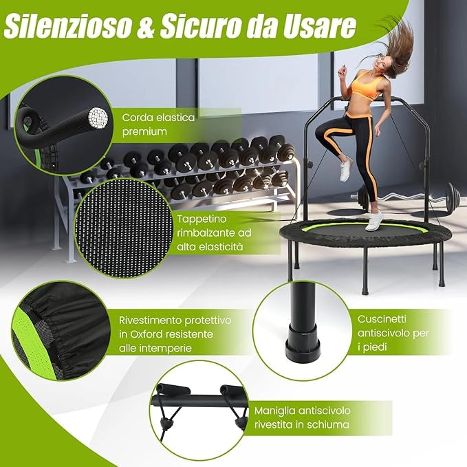 Mini Trampolino Pieghevole 101cm, Trampolino Fitness per Adulti e Bambini,con Maniglia Altezza Regolabile, Capacità di Carico 150 kg
