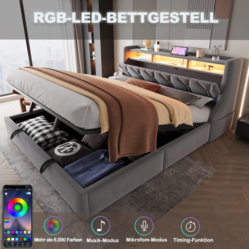 DESMIU Letto Matrimoniale 180 × 200 cm con Contenitore idraulico, USB, Type-C, LED, senza materasso, in velluto, grigio