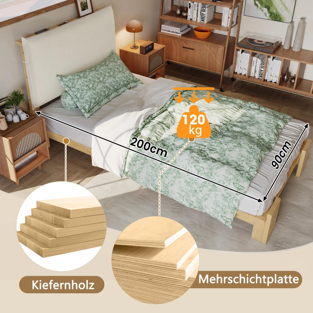 LETTO Imbottito 90x200 cm Naturale con schienale imbottito