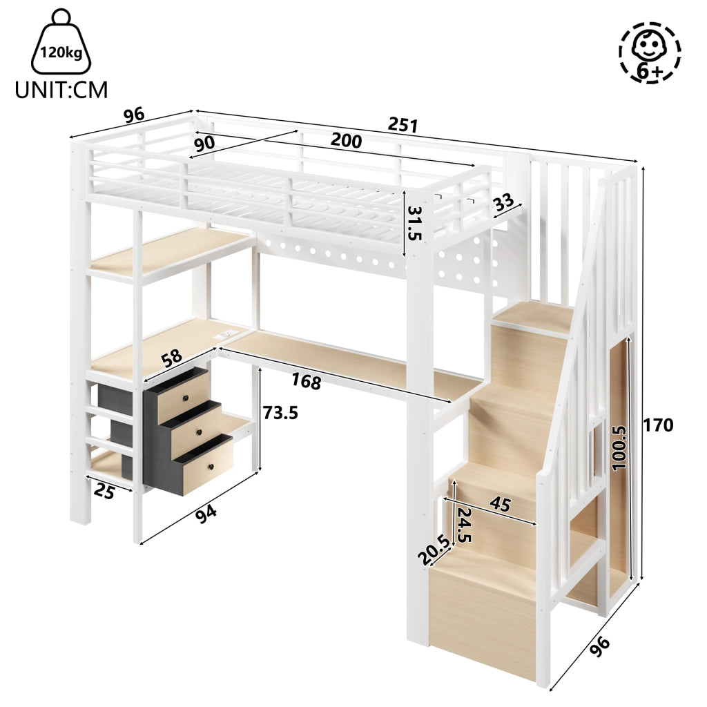 LETTO a Soppalco 90x200 cm in Metallo e MDF Bianco con Scrivania e LED