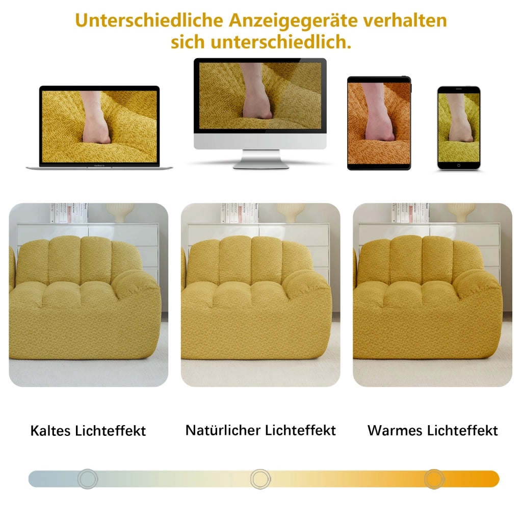 Divano modulare 3 posti con 2 pouf; schiuma 32D; tessuto giallo