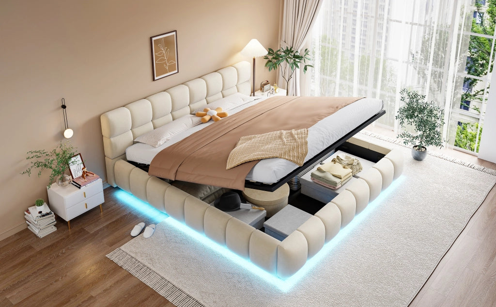 Letto imbottito 180x200 LED idraulico velluto beige