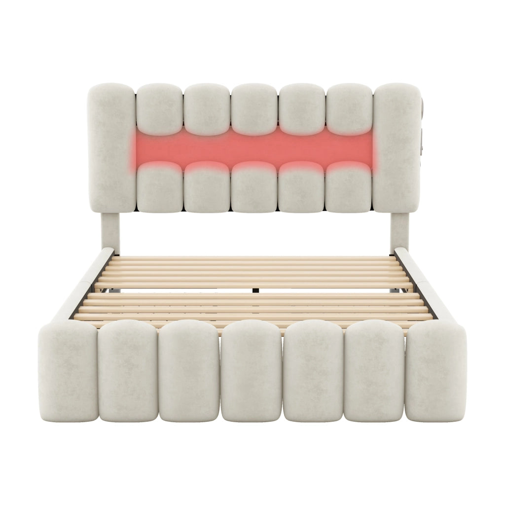 Letto Imbottito con Cassetti e LED ¨C MINIMAL ¨C Velluto Beige 160x200