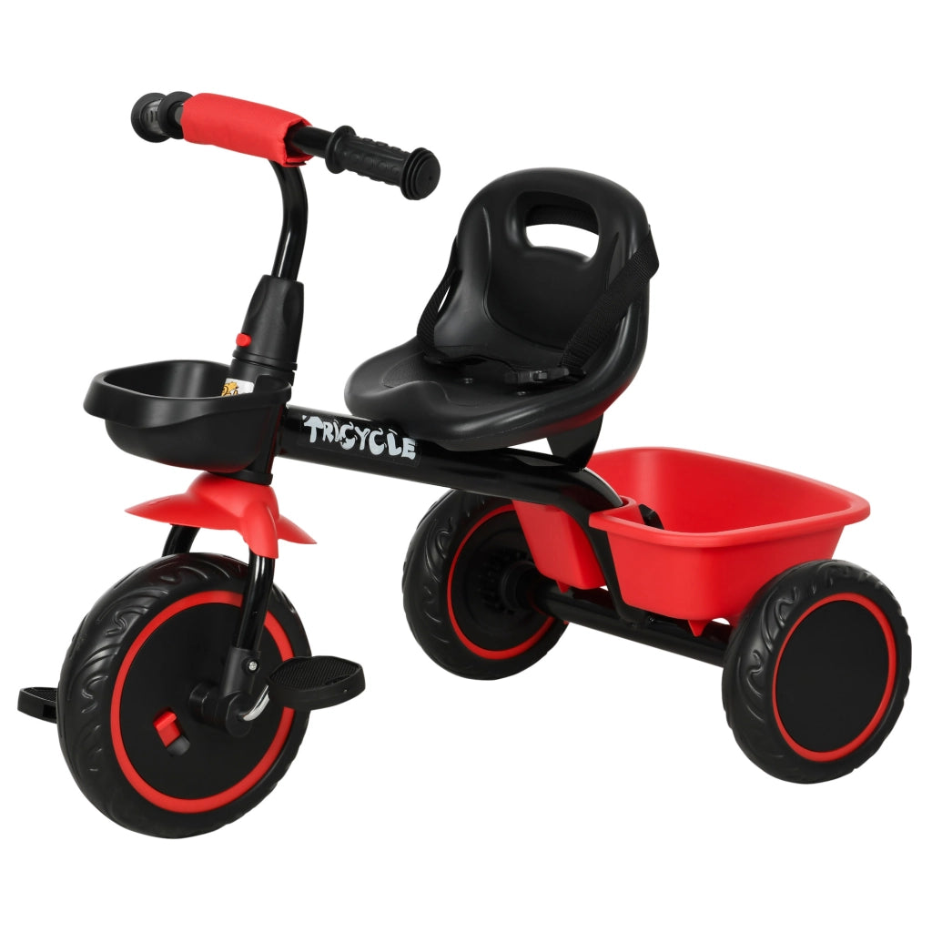Triciclo Bambini Regolabile con Sedile e Cestini ¨C Minimal ¨C Rosso e Nero