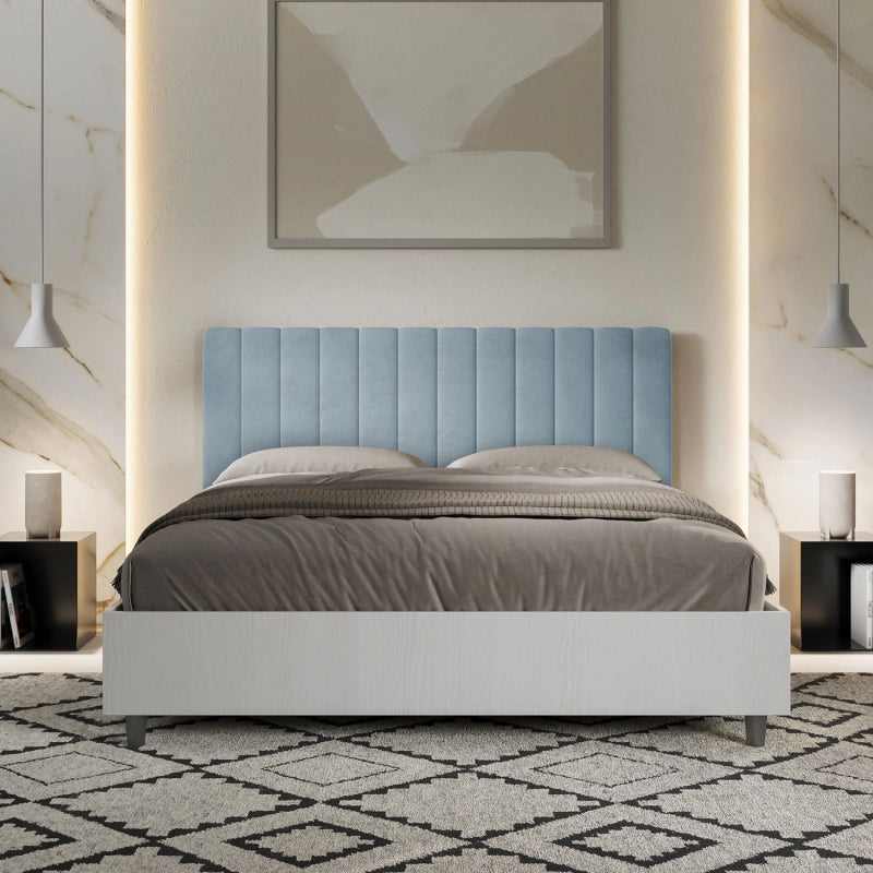 Letto Matrimoniale 160x190 cm struttura bianco frassino testata Kaia - Con rete,Microfibra,Azzurro