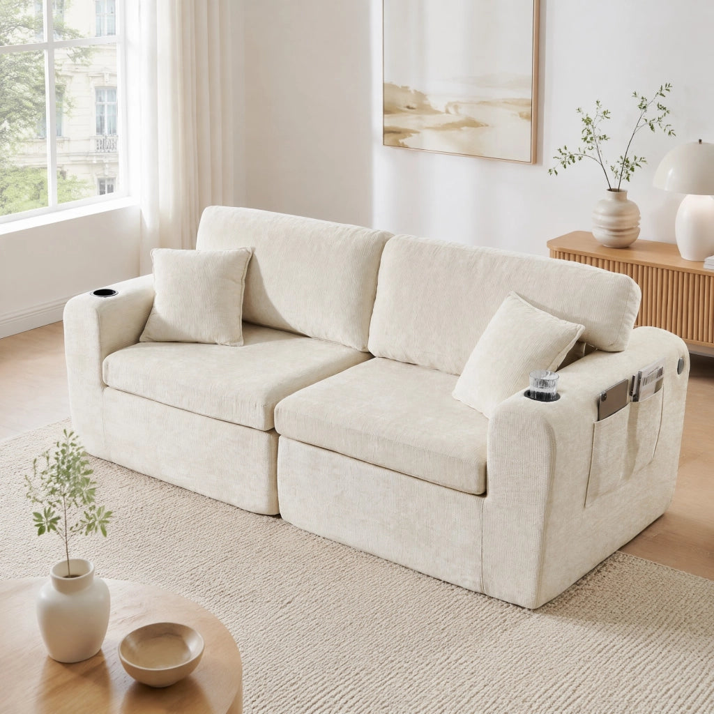 Divano relax 2 posti in chenille con USB; tasche laterali e portabevande; beige