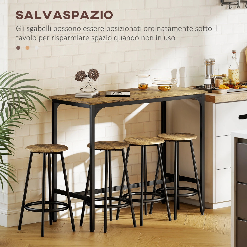 Set da Bar 5 pezzi con Tavolo alto e 4 Sgabelli Stile Industriale, Marrone e Nero