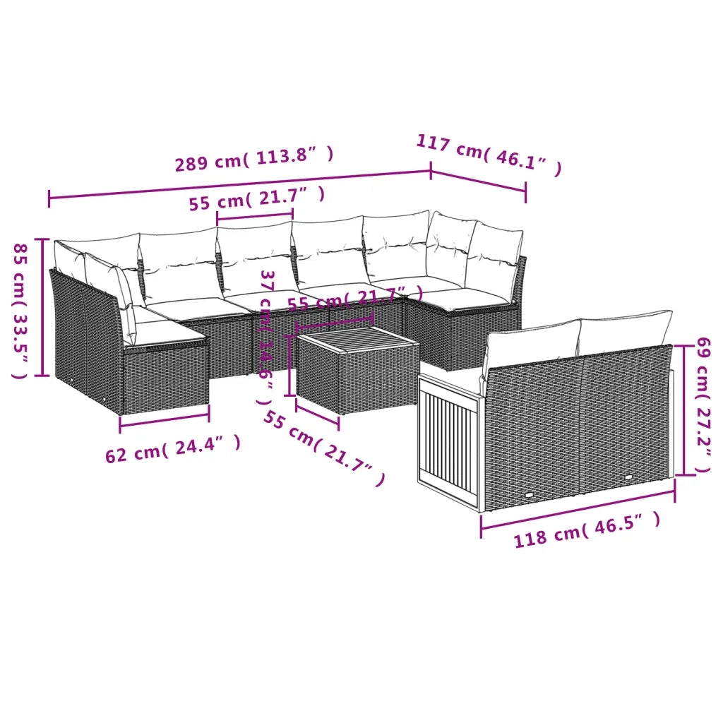 Set Divani da Giardino 10pz con Cuscini in Polyrattan Nero 3227973