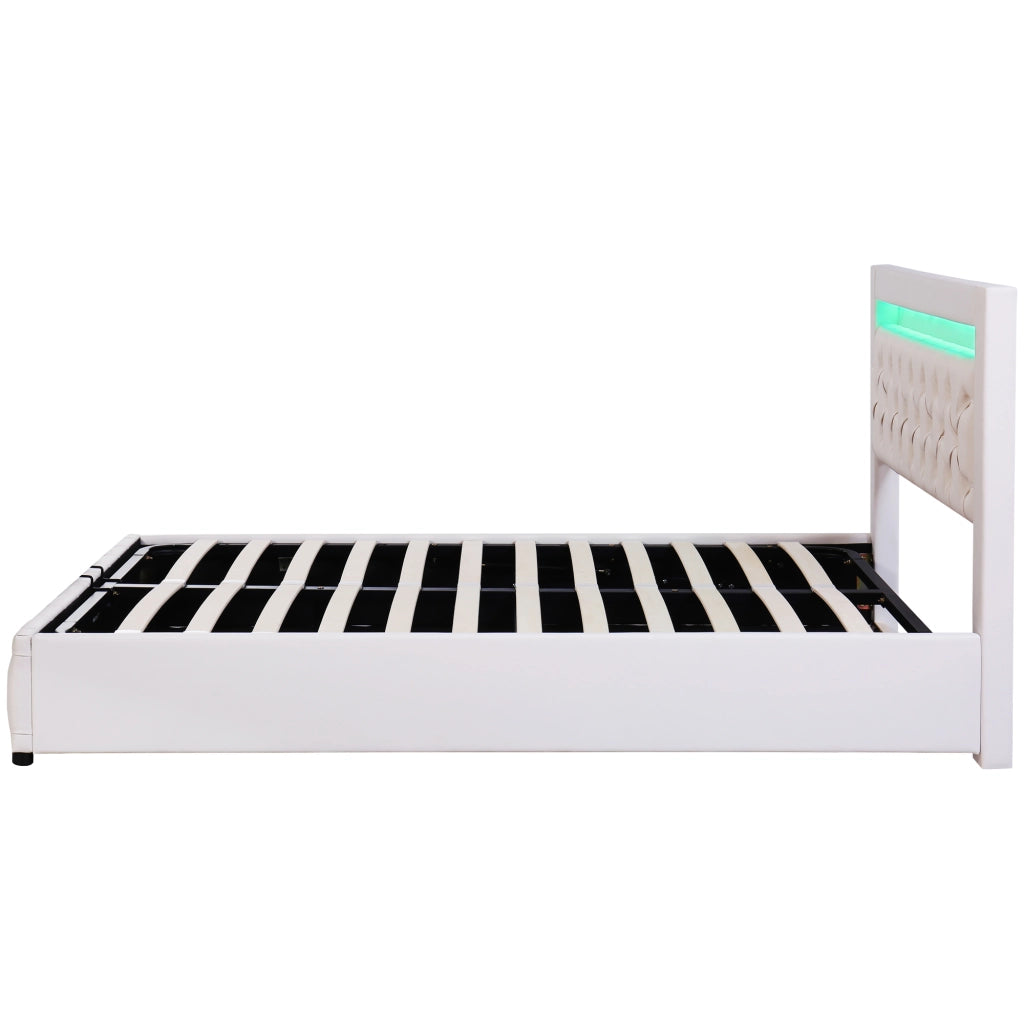 DESMIU Letto contenitore 160 × 200 cm 2 posti con LED regolabile e vano contenitore, senza materasso, in PU, bianco