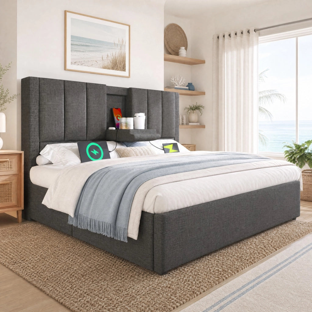 LETTO Contenitore 140x190 cm Grigio in lino con USB e portabicchieri