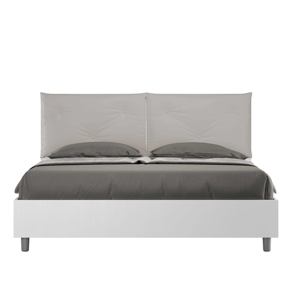 Letto Matrimoniale 160x200 cm con Rete Struttura Bianco Frassico con Cuscini in Similpelle Egos Appia Tortora
