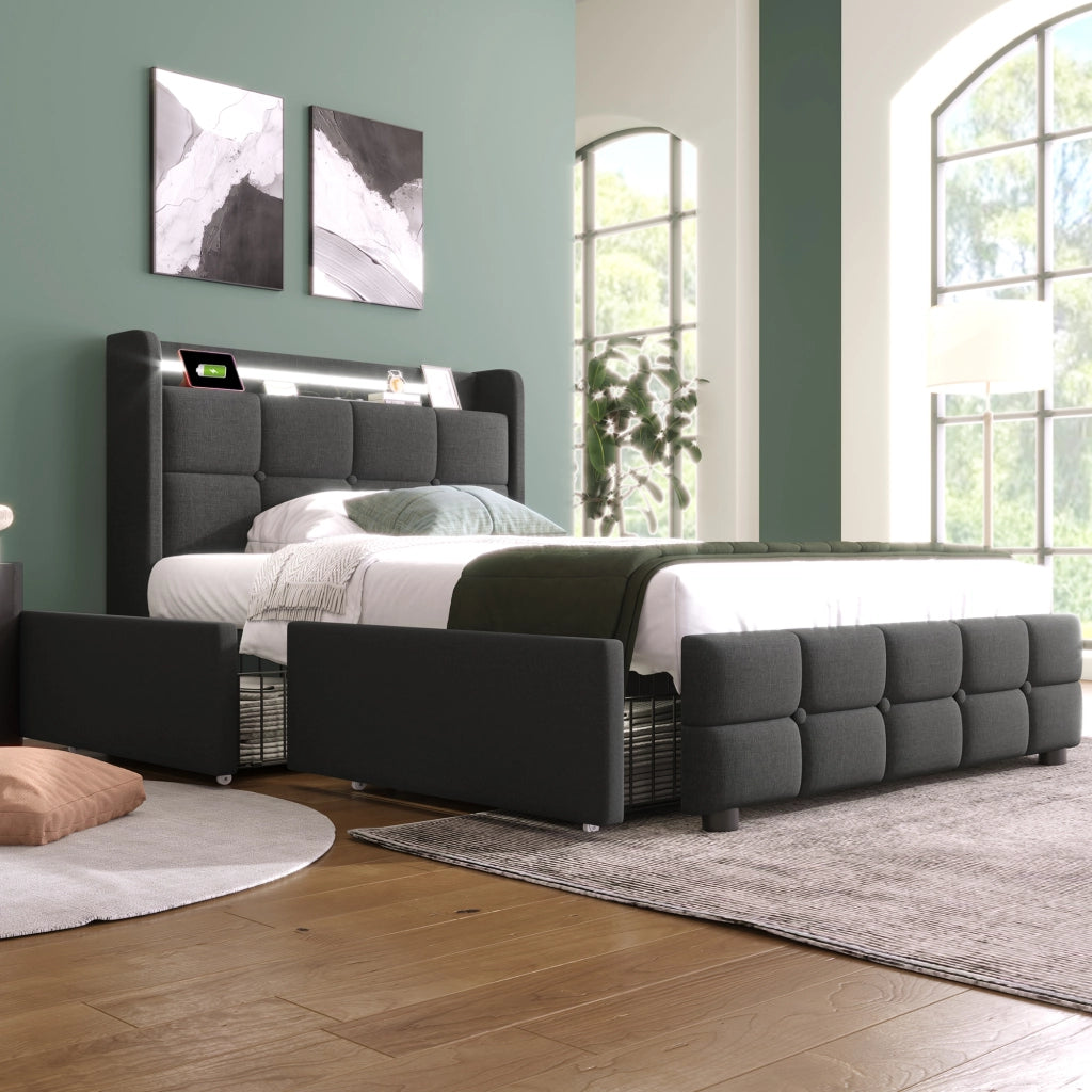 LETTO Singolo 90x200 cm Grigio con USB, LED e 2 Cassetti