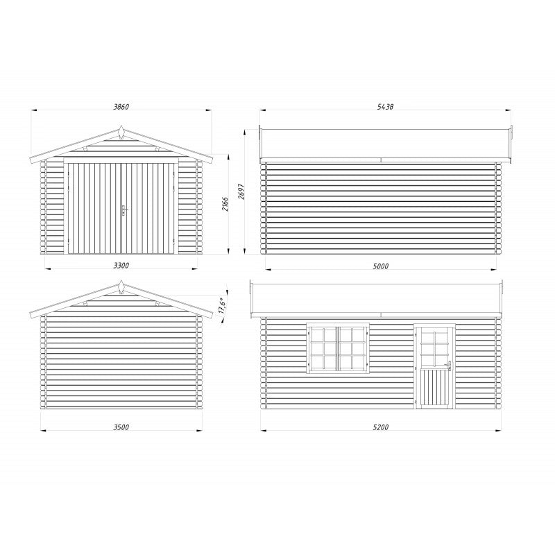 Garage in legno Tony 350x520 cm spessore 34 mm con portone doppio finestra laterale e porta singola  Esterni da Vivere