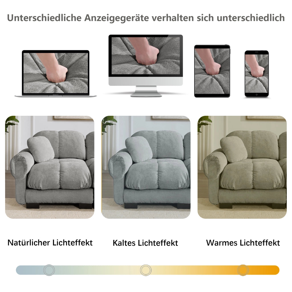 Divano modulare a 2 posti in ciniglia con chaise longue mobile e cuscini trapuntati, Grigio chiaro