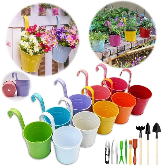 Bacini in metallo senza foro; 10 pezzi per appendere; vasi colorati con chiodo separato per balcone e giardino; inclusi attrezzi da giardino; 26x13,5x9,5 cm