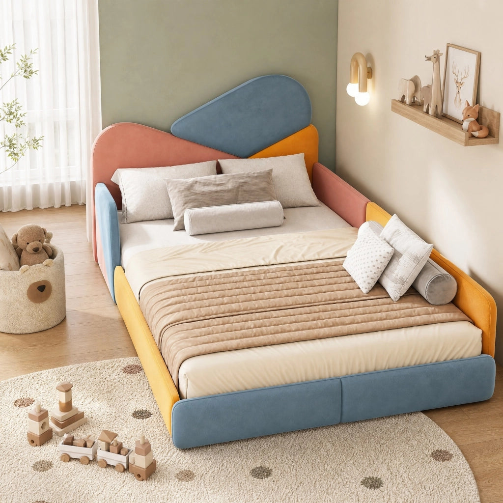 LETTO imbottito 140x200 cm in velluto patchwork blu, rosa e giallo
