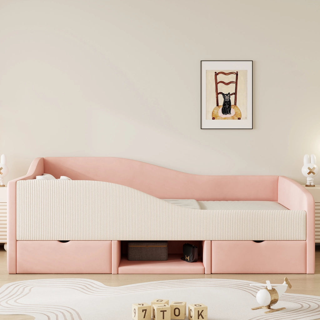 LETTO imbottito 90x190 cm in velluto rosa e bianco con sponde di sicurezza