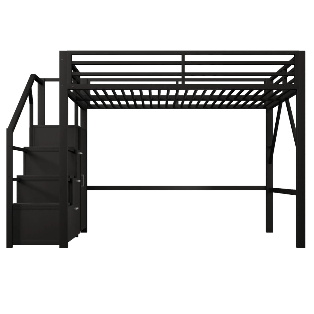 Letto a soppalco in metallo 140x200 cm con armadi e LED; nero