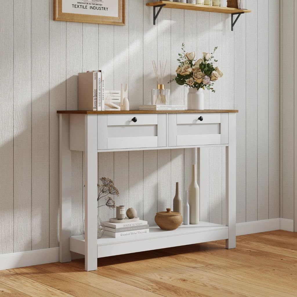 Tavolo da ingresso stretto da 106 cm con ripiano aperto per soggiorno, Tavolo consolle in stile casale con 2 cassetti Bianco