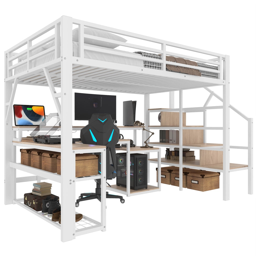 LETTO A CASTELLO 140 x 200 cm con scrivania, LED e USB, bianco