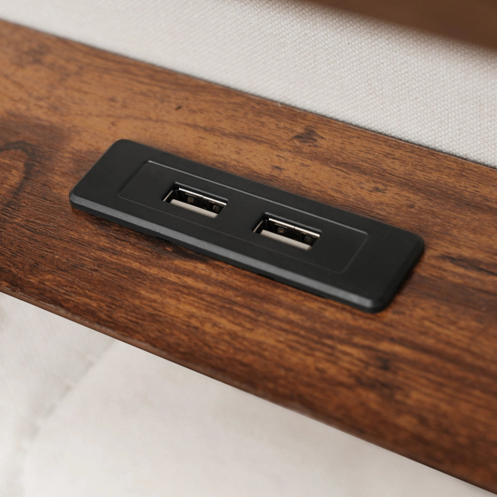 LETTO imbottito 90x200 cm in lino beige con USB e LED