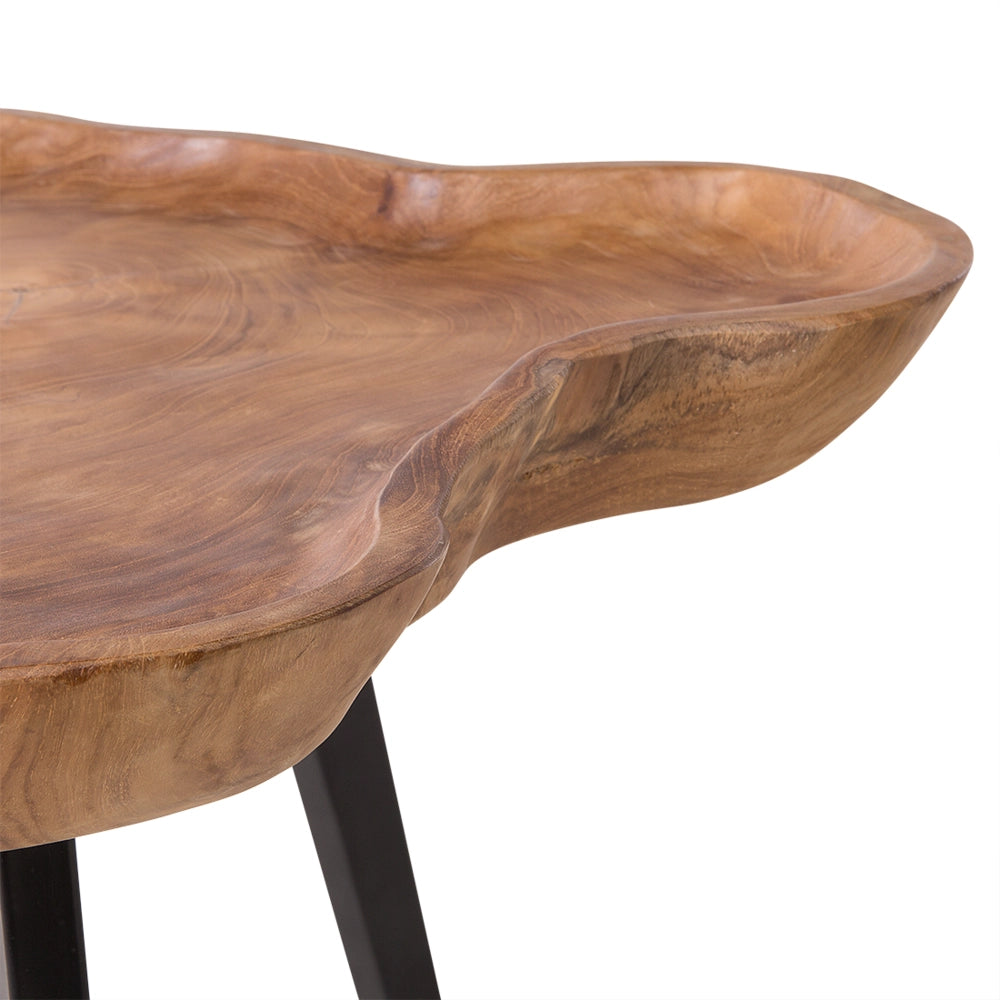 Tavolino in legno chiaro con treppiede in teak base in acciaio piano con in stile rustico