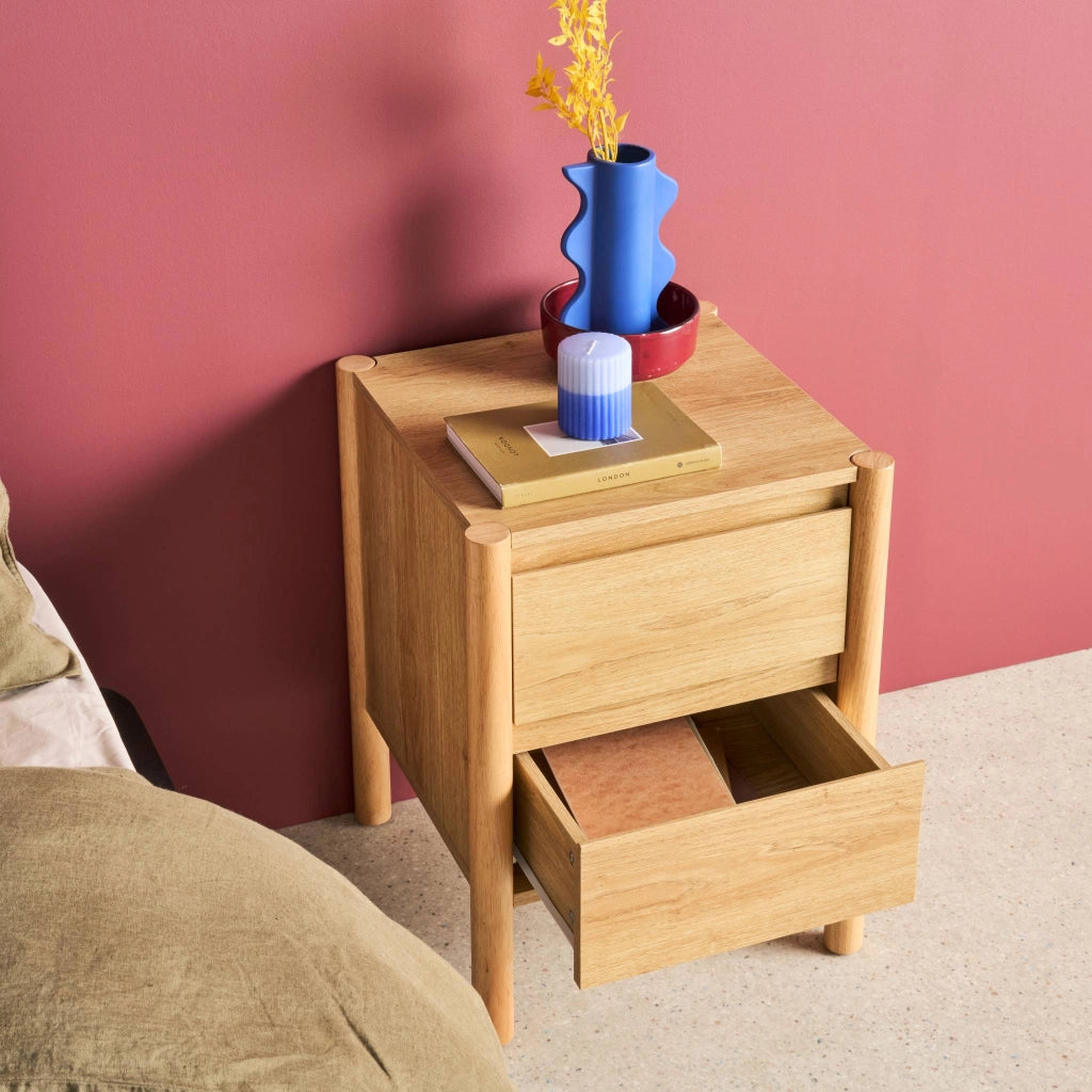 Comodino decorazione legno 2 cassetti, marrone naturale