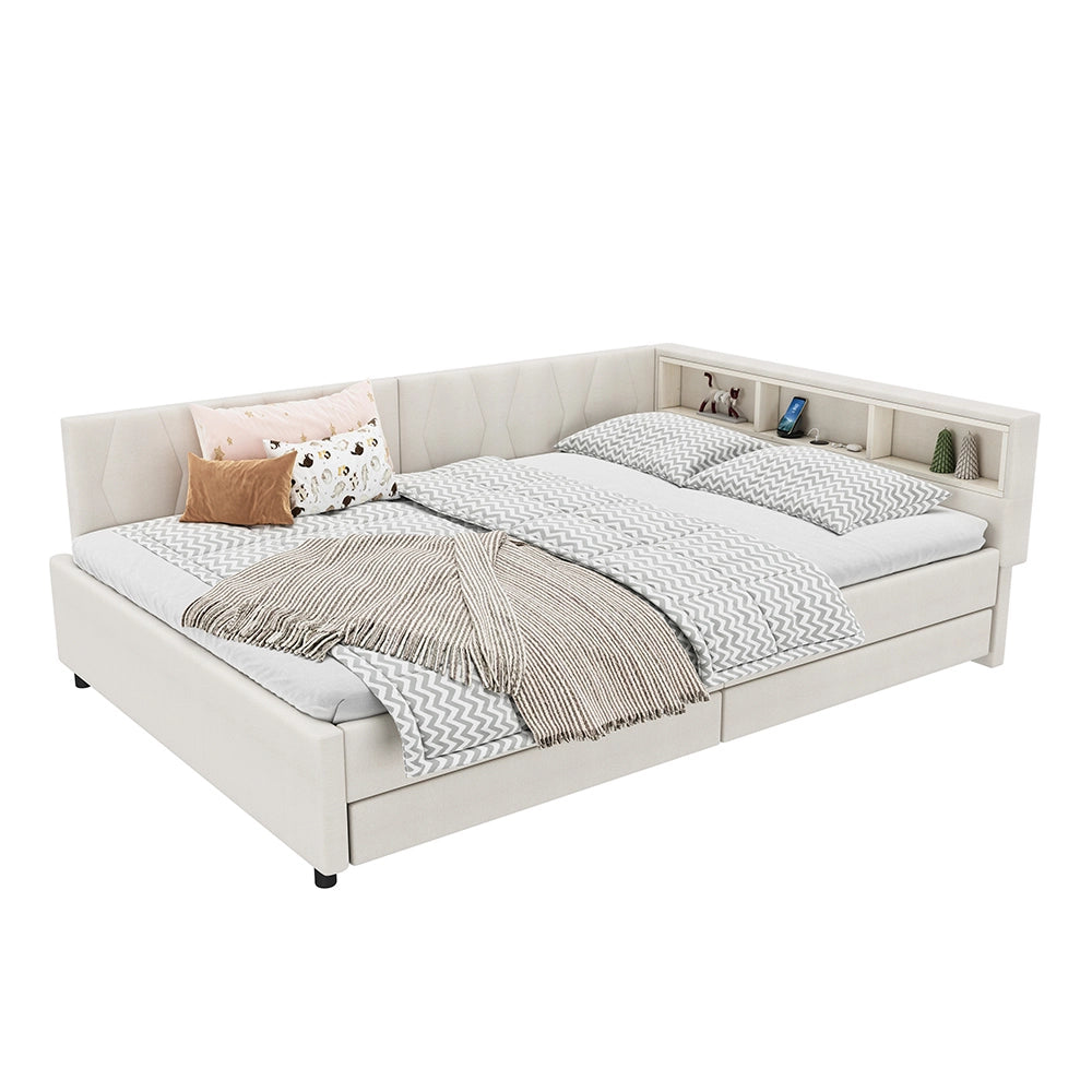 Daybed-Xylo-140x200 cm-LED, USB-C, 2 cassetti, lino beige