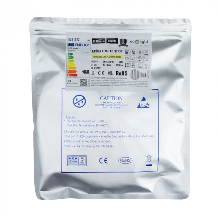 Striscia LED COB 24V 360LED/m 13W/m 3000K 5m Ecolight