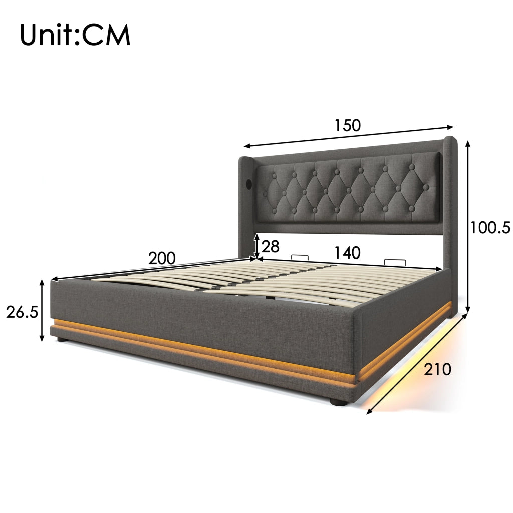 LETTO contenitore 140x200 cm grigio cotone con materasso, USB Type-C e LED