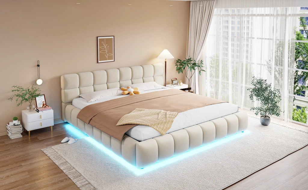 Letto imbottito 180x200 LED idraulico velluto beige