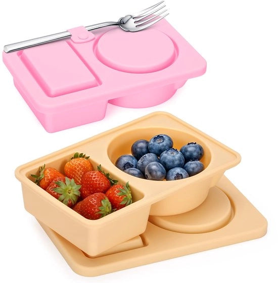 Set di due contenitori in silicone con coperchio, scatole per snack e pranzo riutilizzabili con due compartimenti per frutta, marmellate e salse (arancione e rosa, 2 pezzi, non inclusi utensili).