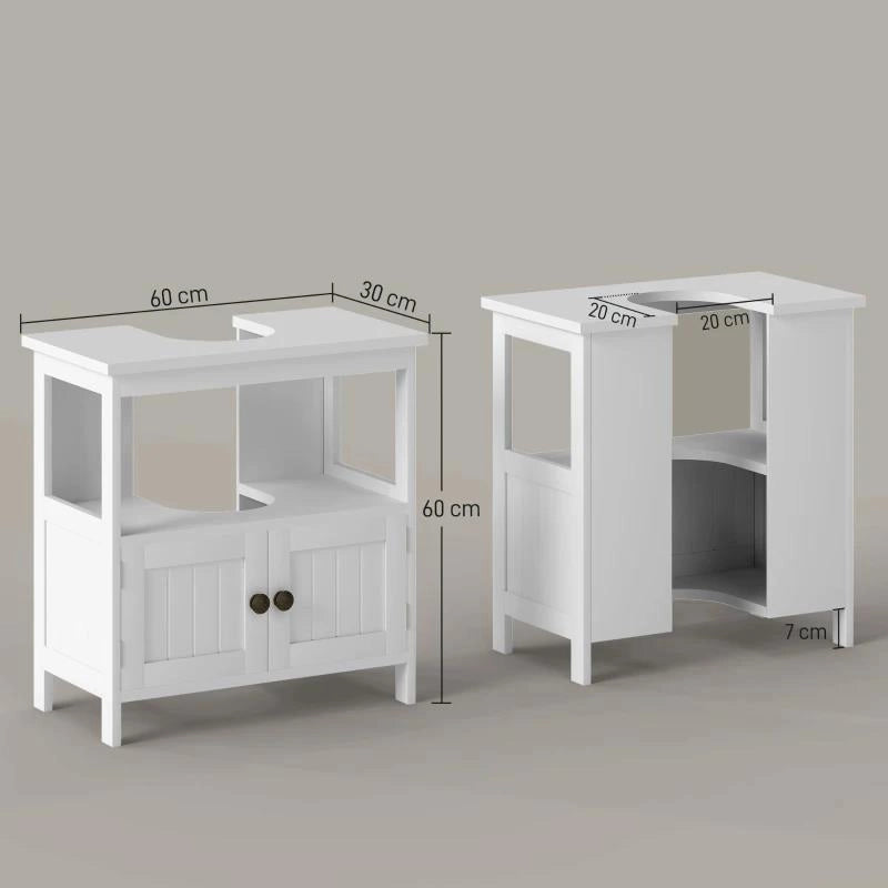 MOBILE SOTTOLAVABO CON RIPIANO E ARMADIETTO, INTAGLIO E U E 2 ANTE, 60X30X60 CM, BIANCO