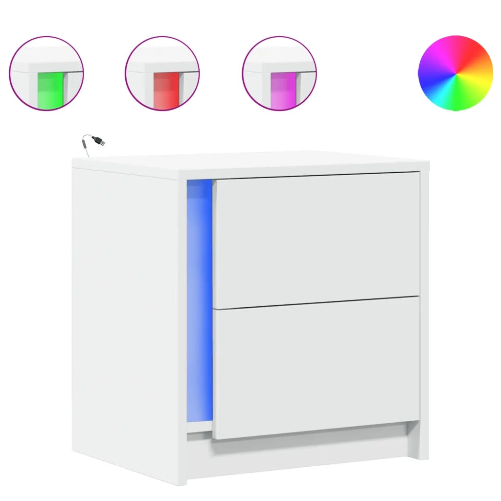 Comodini con Luci LED 2pz Bianchi in Legno Multistrato 852048