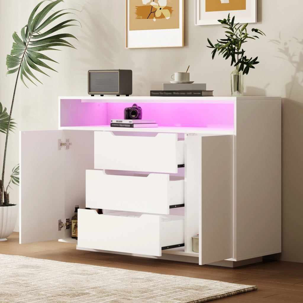 Credenza moderna bianca con ripiani aperti, 3 cassetti e vani con ante, con luce LED integrata