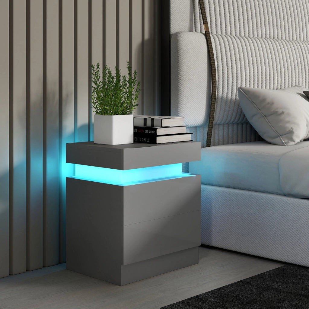 Comodino con Luci LED e 2 Cassetti ¨C Minimal ¨C 45x35x52 cm Grigio