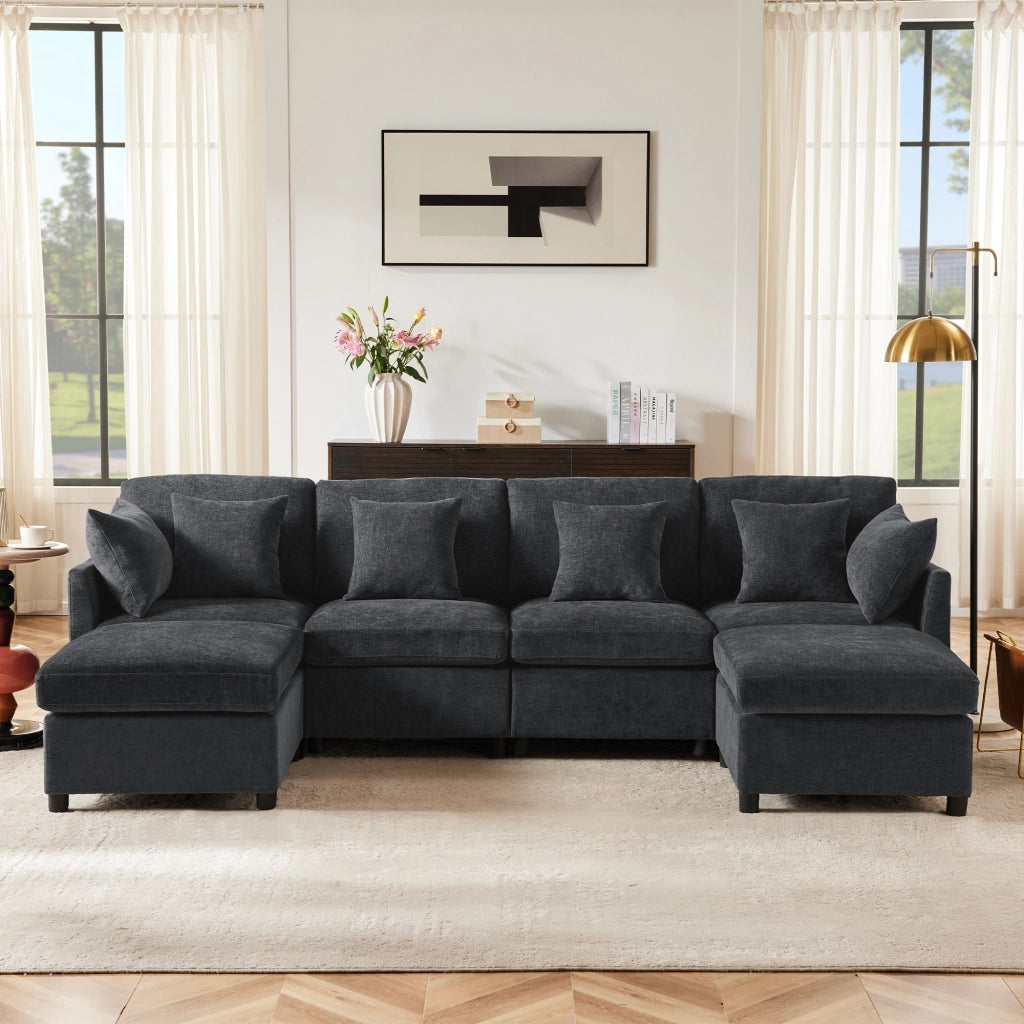 Divano modulare convertibile in forma U e L - Zephmum - Con 2 pouf e 6 cuscini in tessuto chenille