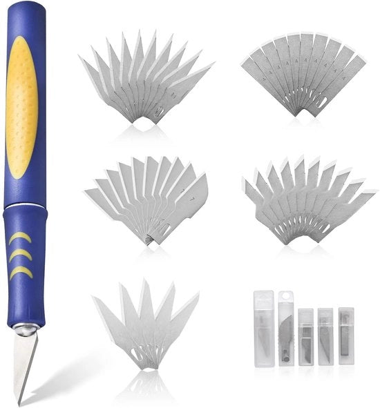 Set di scalpelli con 45 riserve - Coltelli con impugnatura antiscivolo - Smaltati con olio anticorrosivo - Coltelli per cuoio/cartone - Coltelli per hobby - Taglio preciso