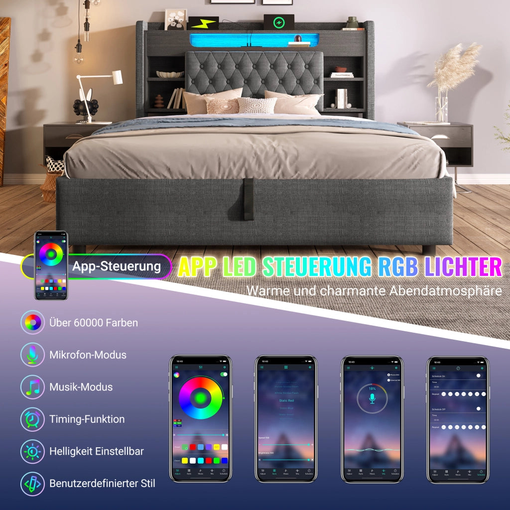 LETTO Contenitore 140x190 cm in lino grigio con LED e porte USB