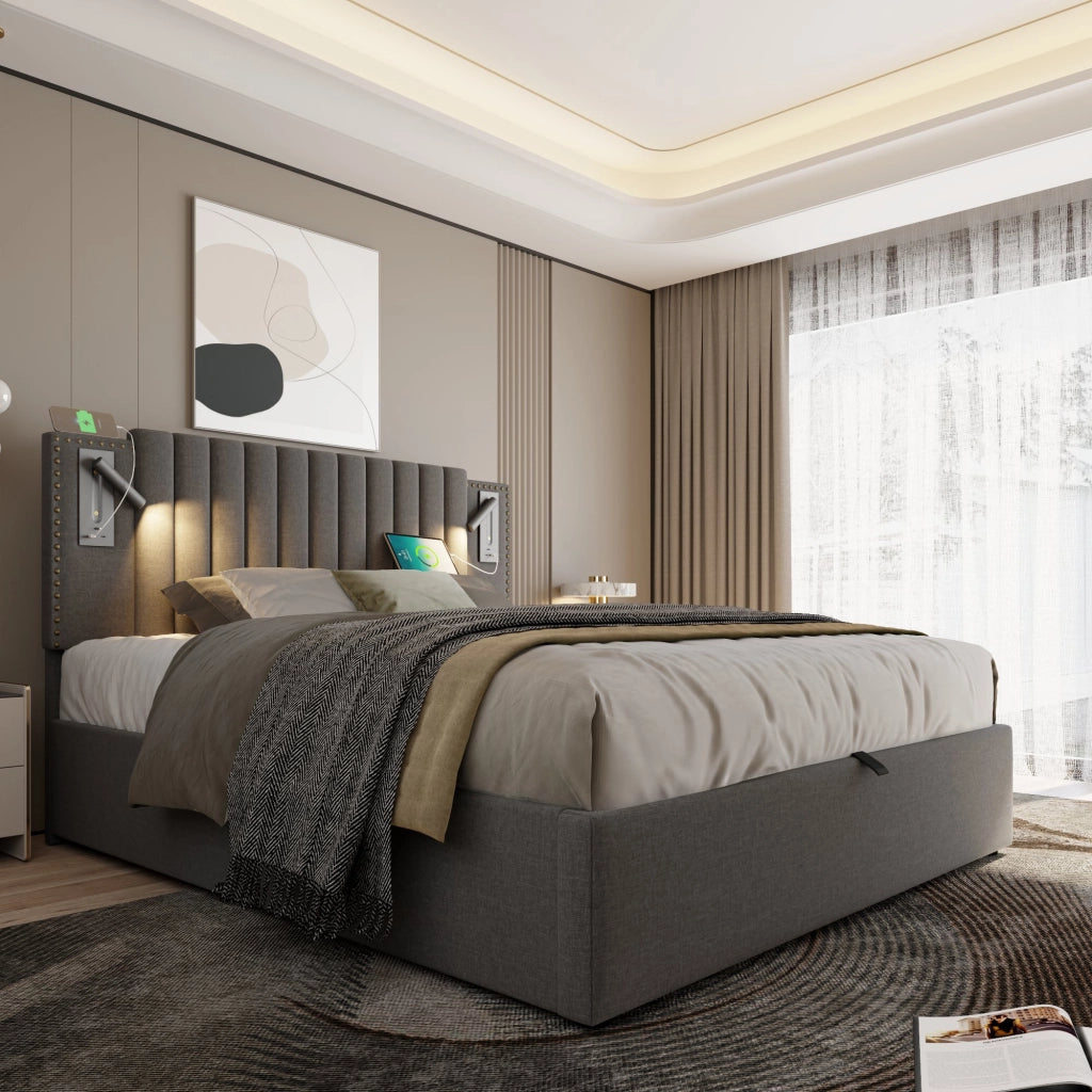 LETTO Contenitore 160x200 cm Grigio in cotone con luce di lettura e USB