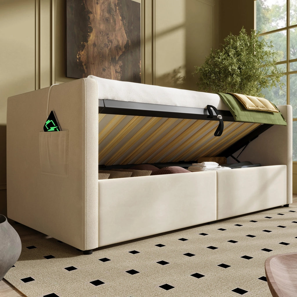 DIVANO LETTO 90x200 cm con vano contenitore, USB e Type-C Beige in velluto