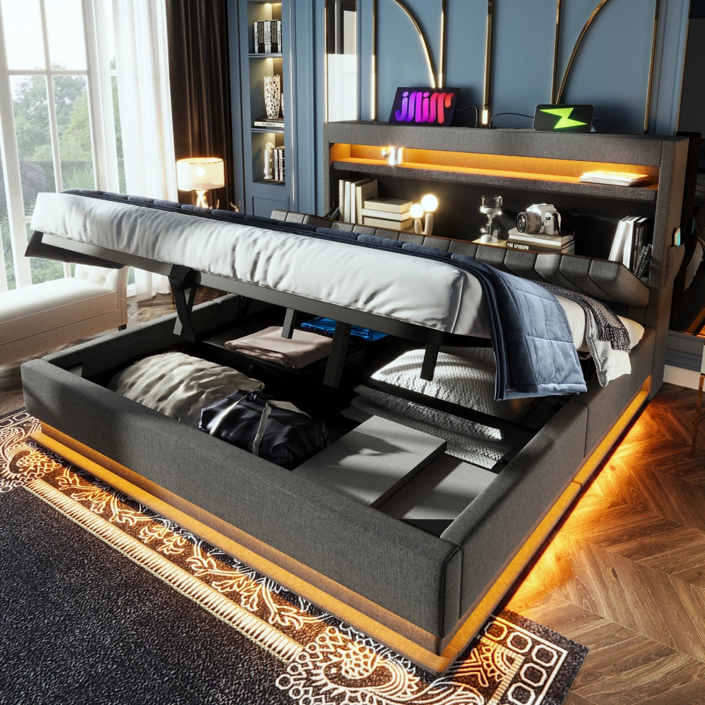 LETTO imbottito 140x200 cm lino grigio con LED, USB e vano contenitore