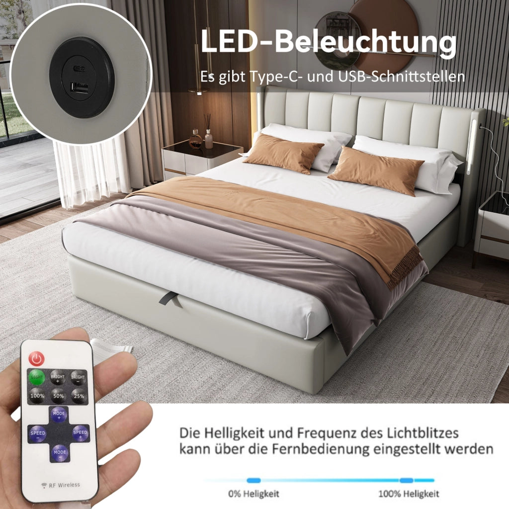 LETTO Imbottito 180x200 cm PU Grigio con LED USB e contenitore