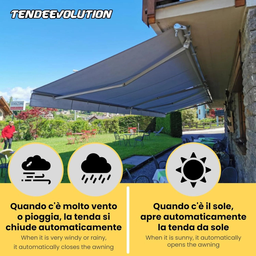 KIT Centralina Automatizzata con Telecomando e Sensore Integrato Sole, Vento e Pioggia per Tende da Sole