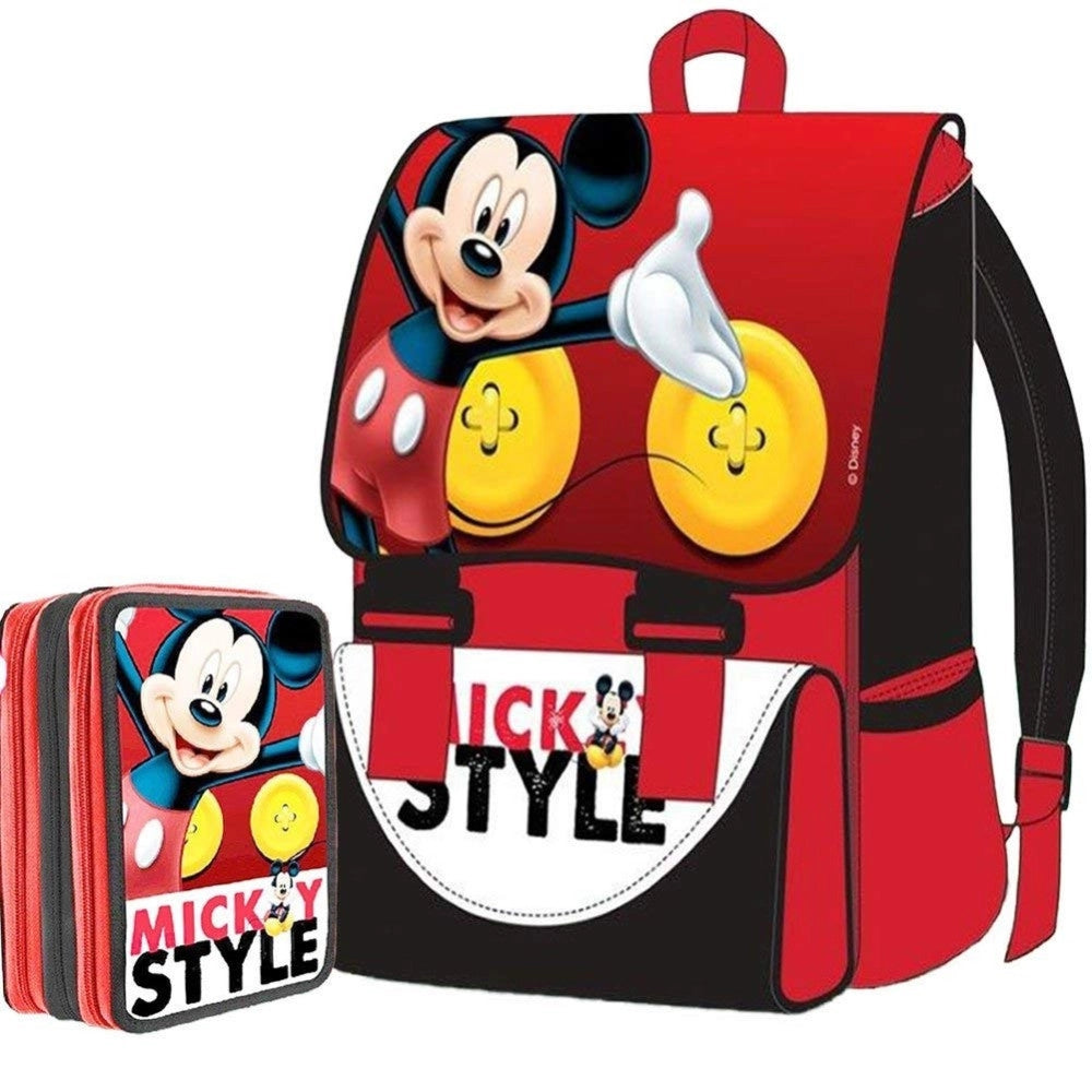 Trade Shop - Kit Scuola School Pack Zaino Estensibile + Astuccio 3 Zip Disney Mickey Mouse -