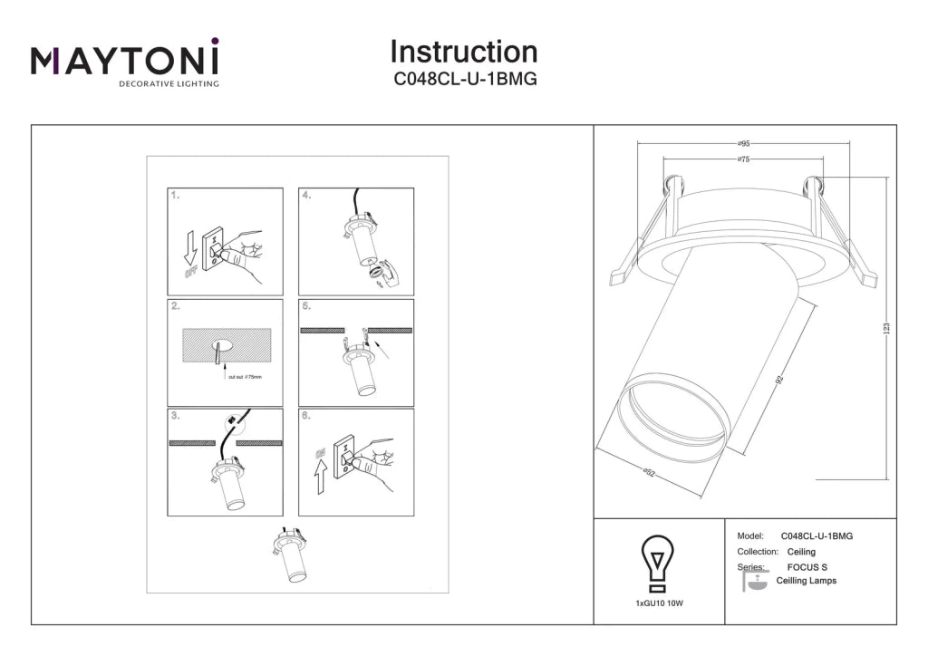 Maytoni Lampada da Incasso FOCUS S 1 luce GU10 nero alluminio