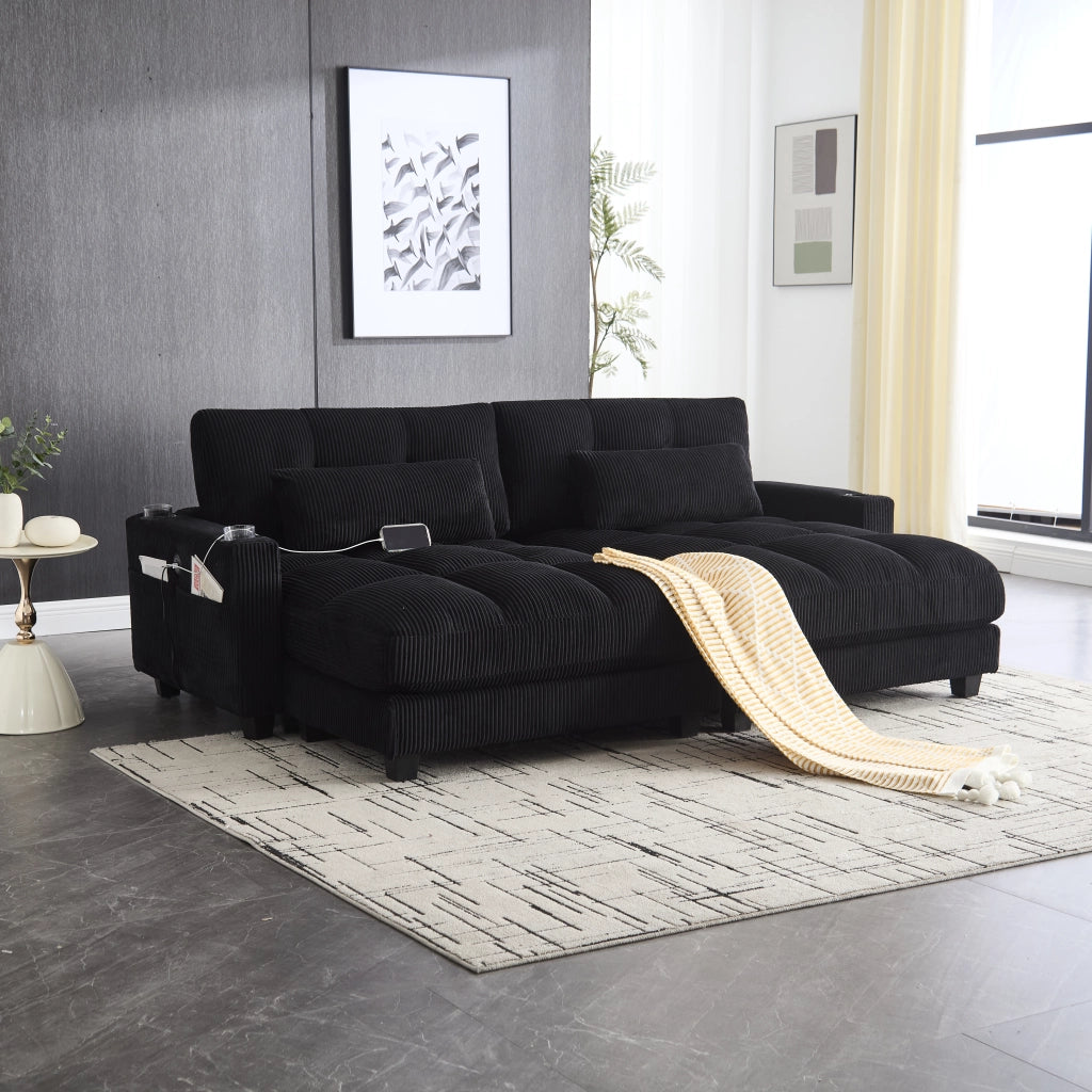DIVANO 2 posti modulare 224x140x81 cm in corduroy nero con USB e cuscini