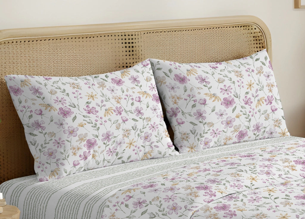 Coppia Federe Cuscino Letto Double Face 100% Cotone Disegno Primavera GI - Federe - Rosa